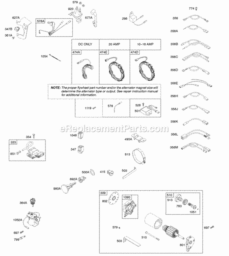 Alternator Electric Starter Ignition Diagram and Parts List for 20H132-0121-E9  Briggs and Stratton Engine